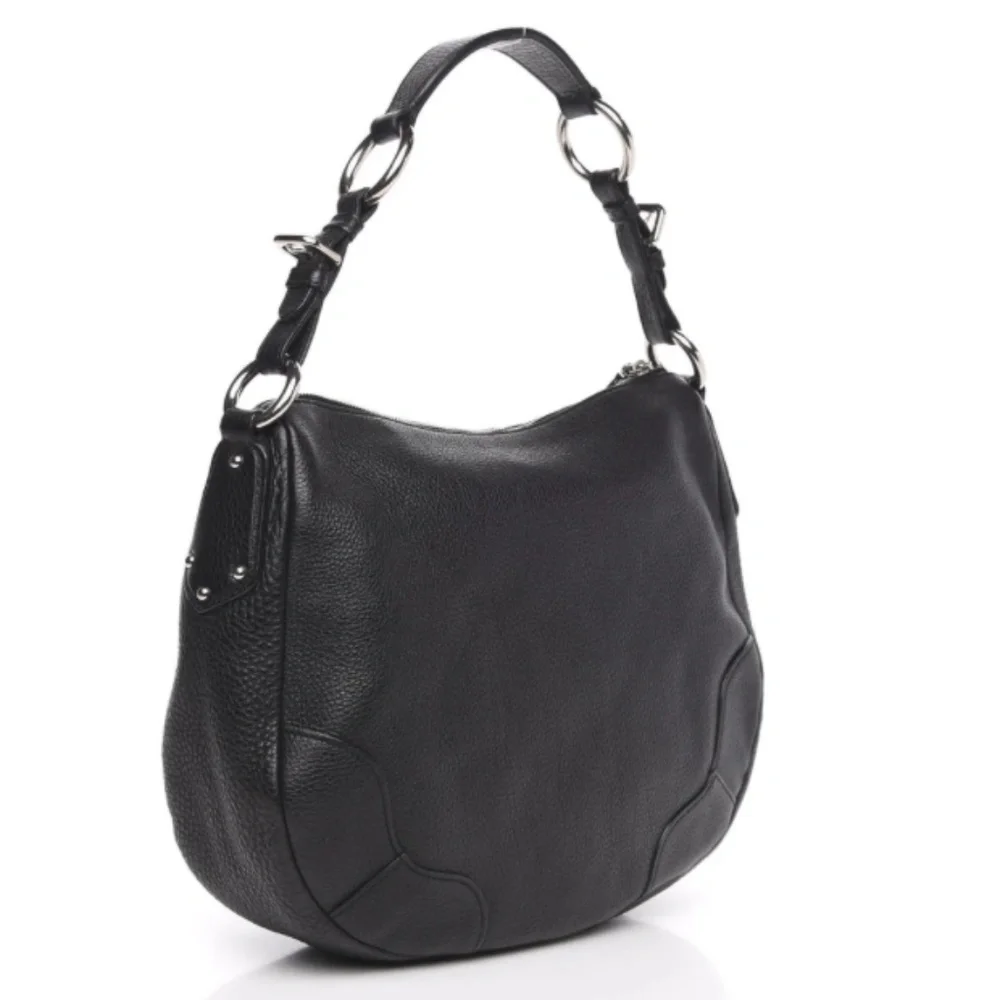 PRADA Vitello Daino Hobo in Black Leather with Silver Hardware
